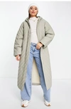 ASOS DESIGN CHEVRON QUILTED HOODED LONGLINE COAT WITH FLEECE LINING