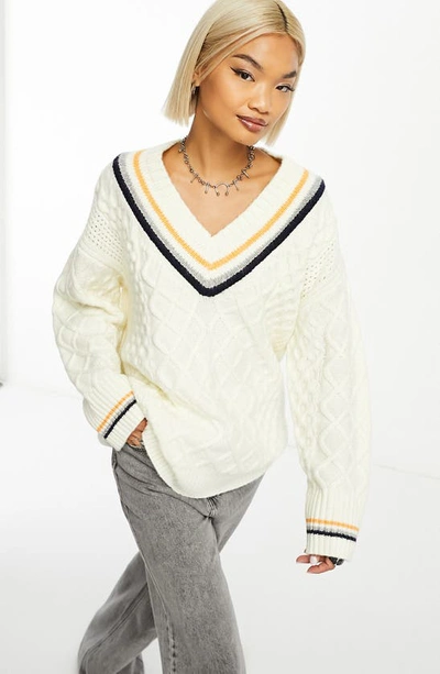 Asos Design V-neck Cable Knit Varsity Jumper In Cream