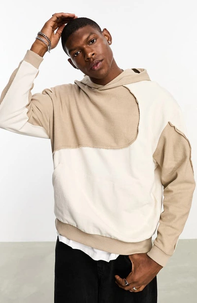 Asos Design Oversized Hoodie With Wavy Panels In Tonal Beige-neutral