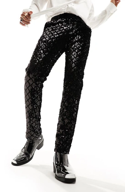 Asos Design Skinny Suit Pants In Sequin Diamond Velvet In Black