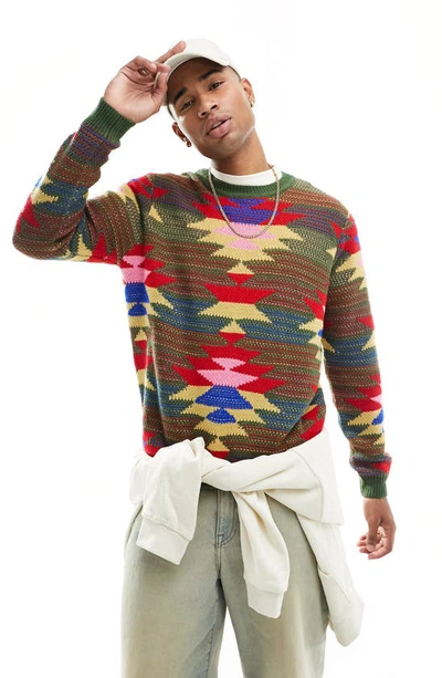 Asos Design Knit Sweater With Pattern In Orange-multi