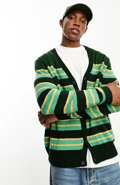 Asos Design Oversized Knitted Stripe Cardigan In Green