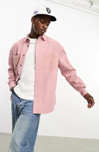 Asos Design '90s Oversize Canvas & Corduroy Button-up Shirt In Pink