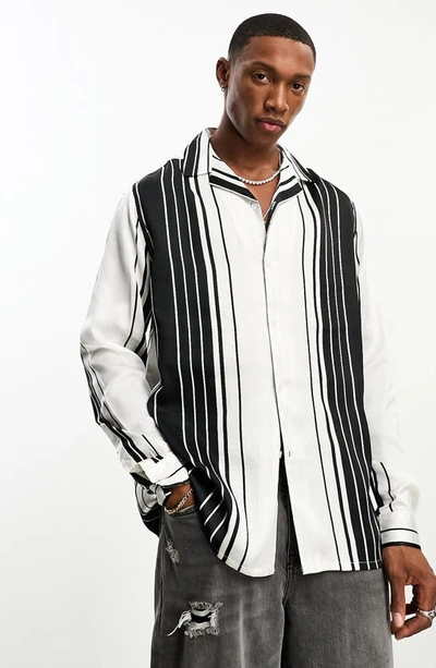 Asos Design Relaxed Fit Stripe Satin Bowling Shirt In Black