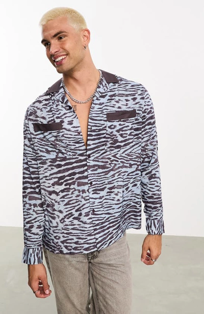 Asos Design Relaxed Fit Animal Print Button-up Shirt In Medium Blue