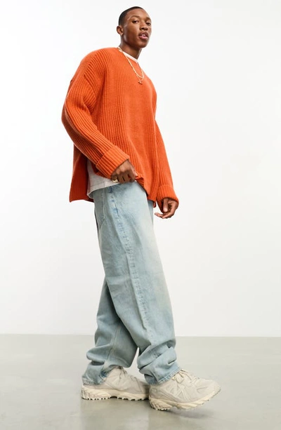 Asos Design Side Slit Crewneck Sweater In Orange