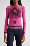 Jean Paul Gaultier Printed Safe Sex Tattoo Long Sleeve Crew Neck Top In Shocking Pink