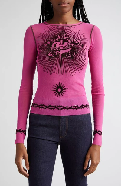 Jean Paul Gaultier Printed Safe Sex Tattoo Long Sleeve Crew Neck Top In Bright Pink