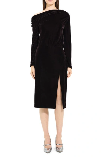 Theory Off The Shoulder Long Sleeve Stretch Velvet Dress In Mink