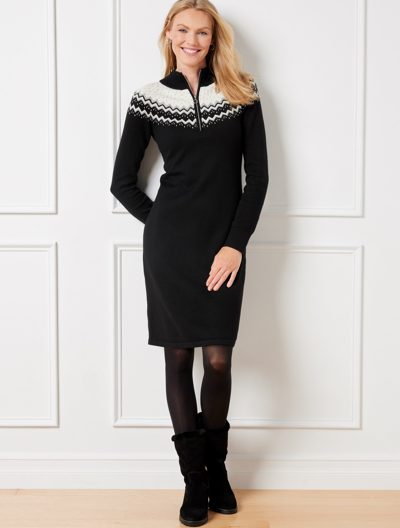 Talbots Half-zip Sweater Dress - Pine Fair Isle - Black/grey Sky Heather - 2x  In Black,grey Sky Heather
