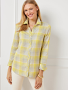 Talbots Petite - Cotton Button Front Shirt - Ornament Plaid Metallic - Yellow/grey - Large  In Yellow,grey