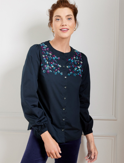Talbots Misses - Embellished Poplin Top - Blue - Xs - 100% Cotton