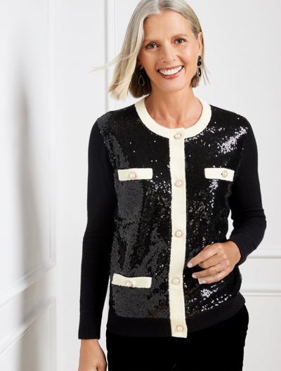 Talbots Petite - Sequin Embellished Jacket - Black/ivory - Small  In Black,ivory