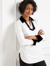 Talbots Plus Petite - Velvet Trim Poplin Tunic Top - White - 1x - 100% Cotton  In White