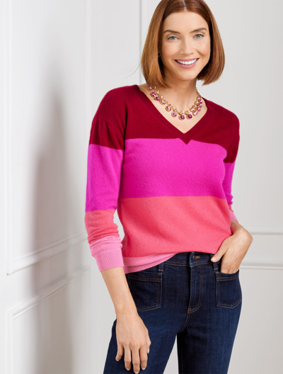Talbots Plus Size - Cashmere V-neck Pullover Sweater - Tonal Stripe - Cranberry - 3x