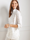 TALBOTS MISSES - COTTON BUTTON FRONT SHIRT - FOIL SNOWFLAKES - WHITE/SILVER - XS TALBOTS