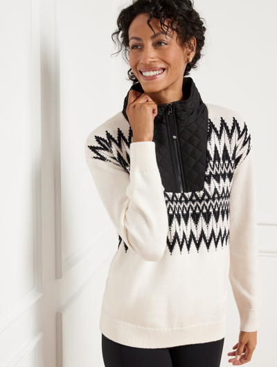 Talbots Plus Size - Chevron Quilted Neckline Half-zip Sweater - Ivory/black - 2x  In Ivory,black