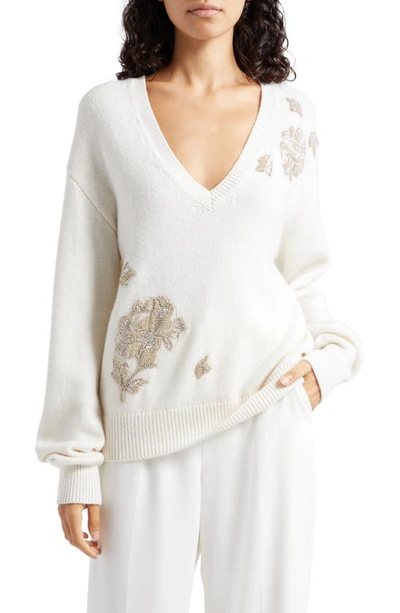 Cinq À Sept Beaded Wool & Cashmere Blend Sweater In Ivory/ Silver