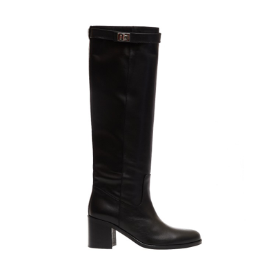 Via Roma 15 Black Leather Boot Buckle Heel