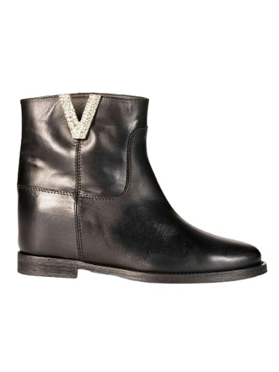 Via Roma 15 Ankle Boot With Height In Black Leather And V Rhinestones