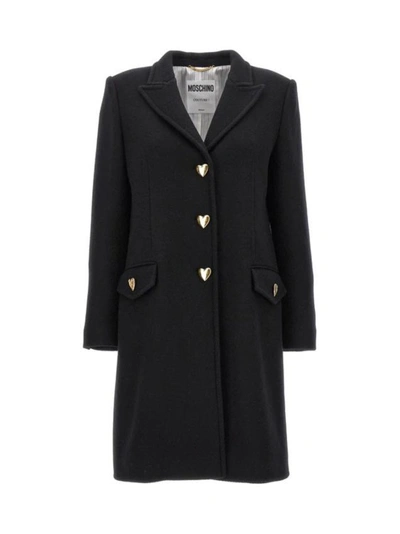 Moschino Heart Button Coat In Black