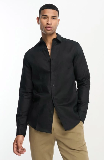 Asos Design Smart Linen & Cotton Blend Button-up Shirt In Black