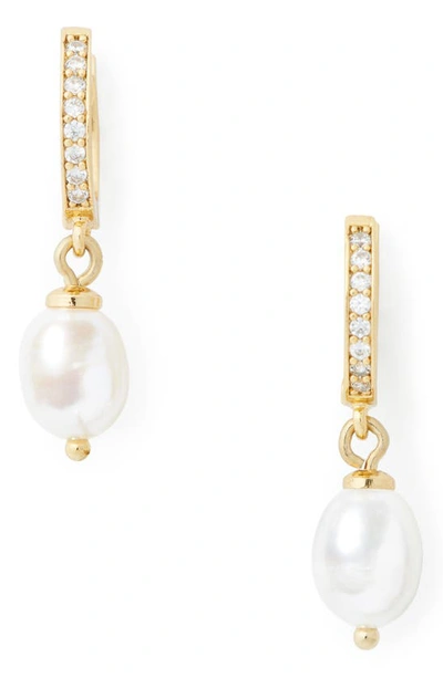 Kate Spade Freshwater Pearl Pavé Huggie Drop Earrings In Clear/ Gold
