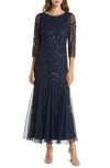 Pisarro Nights Illusion Sleeve Beaded A-line Gown In Dark Navy