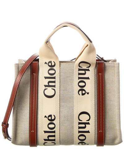 Chloé Woody Small Canvas & Leather Tote In White