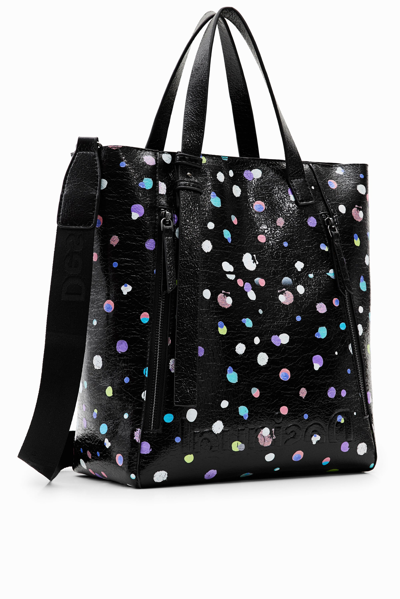 Desigual Large Polka Dot Shopper Bag In Black