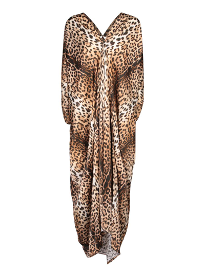 Roberto Cavalli Jaguar Print Satin Kaftan Dress In Multicolor