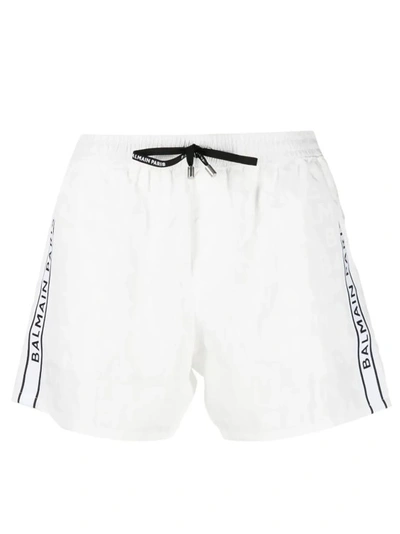 Balmain Logo-drawstring Swim Shorts In White