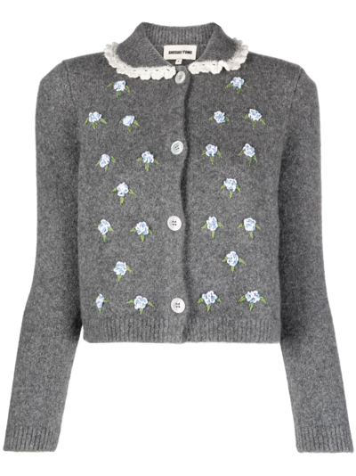 Shushu-tong Floral-embroidered Ruffle-collar Cardigan In Grey
