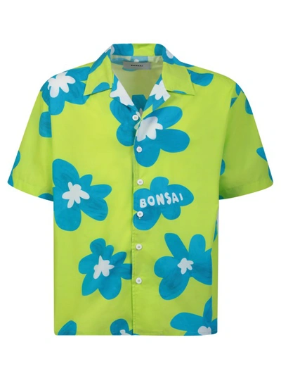 Bonsai Flower Print Cotton Bowling Shirt In Green