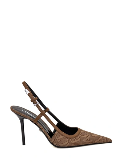 Versace Pump With Logo All-over In Beige-marrone-palladio