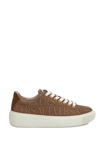 Versace Sneaker With Logo All-over In Brown