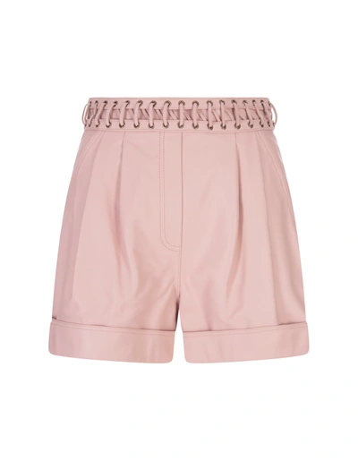 Balmain Laced Pleated Leather Shorts In Powdery Pink