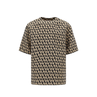 Valentino Silk Faille Crew Neck T-shirt With All-over Toile Iconographe Print In Beige,black