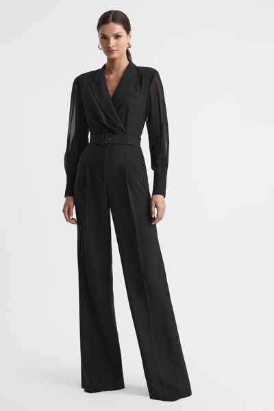 Reiss Flora - Black Sheer Belted Double Breasted Jumpsuit, Us 8