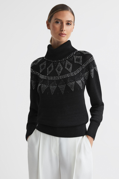 Reiss Black Bella Embellished Fair-isle Removable Roll Neck Jumper