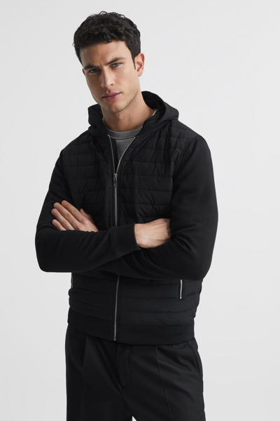 Reiss Taylor - Black Hybrid Zip Quilted Hooded Jacket, Xl