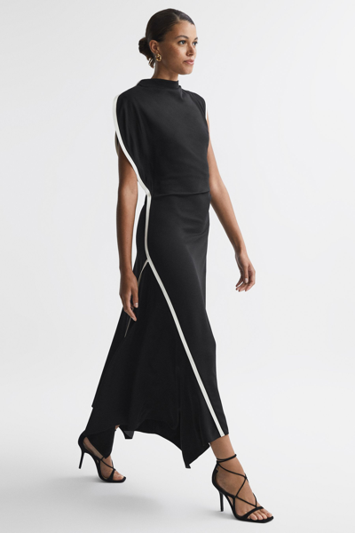 Reiss Klein - Black/white Asymmetric Contrast Trim Midi Dress, Us 2