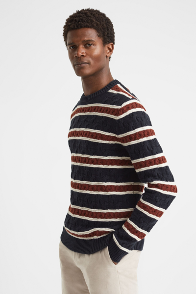 REISS LITTLETON - TOBACCO CABLE KNITTED STRIPED JUMPER, XXL