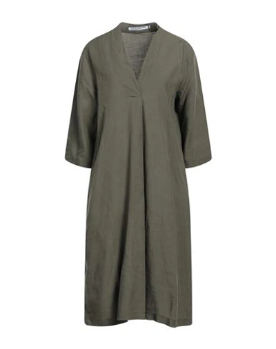 European Culture Woman Midi Dress Military Green Size L Lyocell, Linen