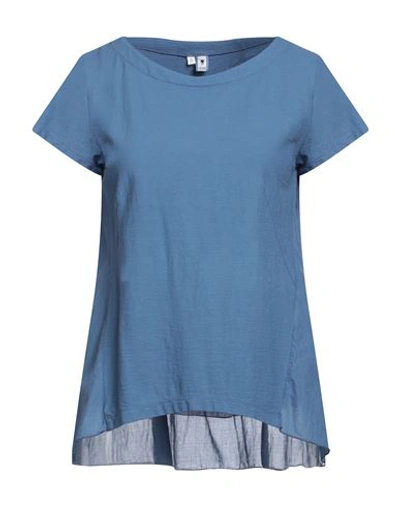 European Culture Woman T-shirt Slate Blue Size L Cotton, Ramie