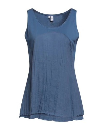 European Culture Woman Tank Top Slate Blue Size L Cotton, Ramie, Elastane