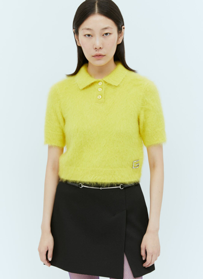 Gucci Crystal Embellished Logo Polo Top In Yellow