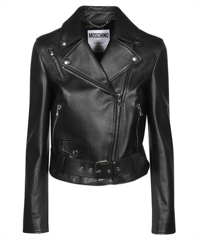 Moschino Cherry Pie Leather Jacket In Black