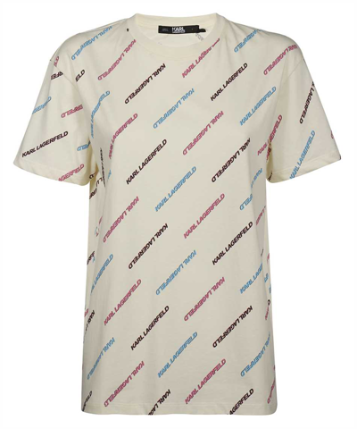 Karl Lagerfeld Cotton T-shirt With All Over Logo In Beige