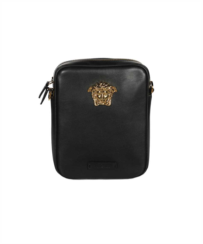 Versace Leather Messenger Bag In Black